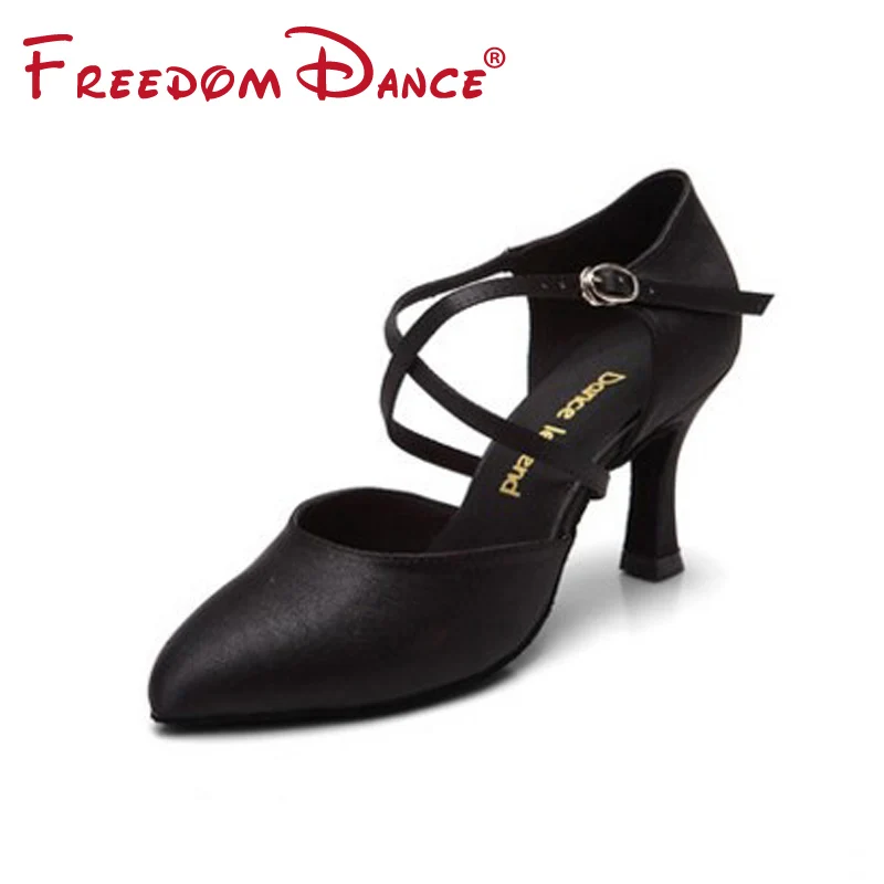 

2022 Quality Girls Ballroom Shoe Satin Fabric Women's Dancesport Shoe High Heeled Latin Ballroom Tango Dance Shoe Dark Tan Black