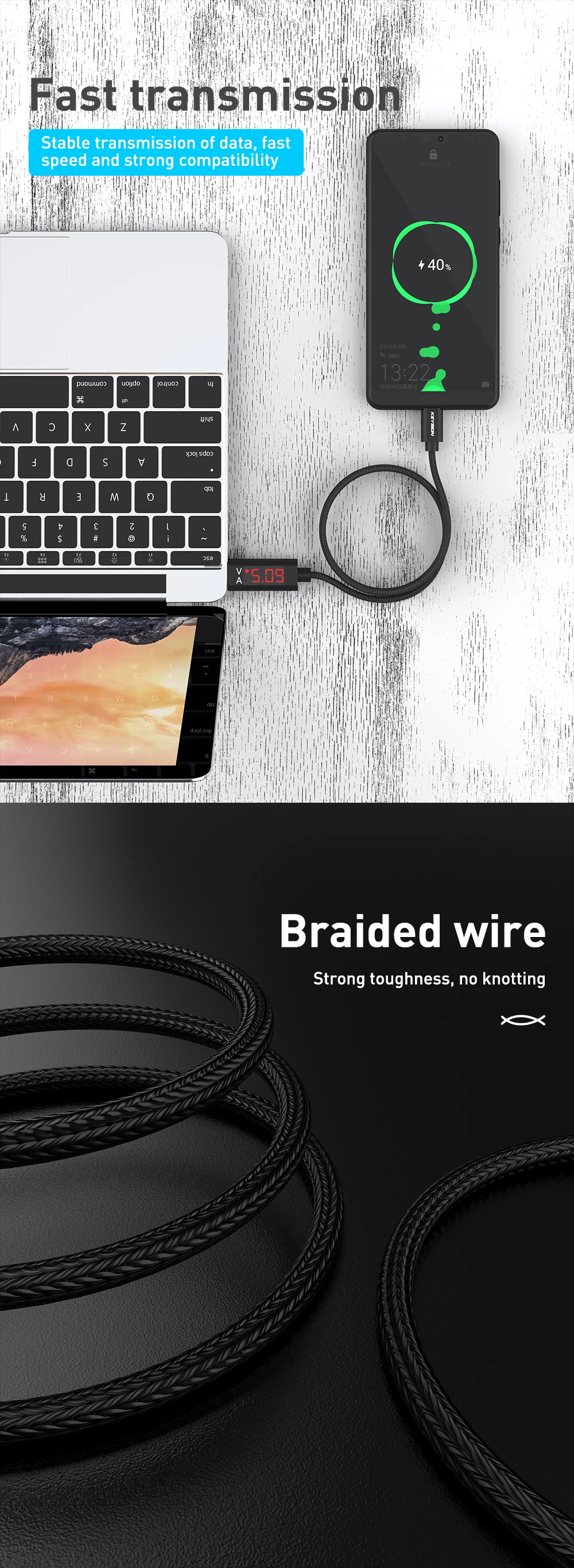 KEYSION usb type C кабель с цифровым дисплеем для samsung S10 Быстрая зарядка type-C кабель для зарядки телефона USB C для Xiaomi mi9 note7