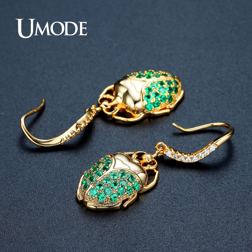 UMODE милые вечерние ювелирные изделия зеленый фианит золотой цвет жук Серьги для