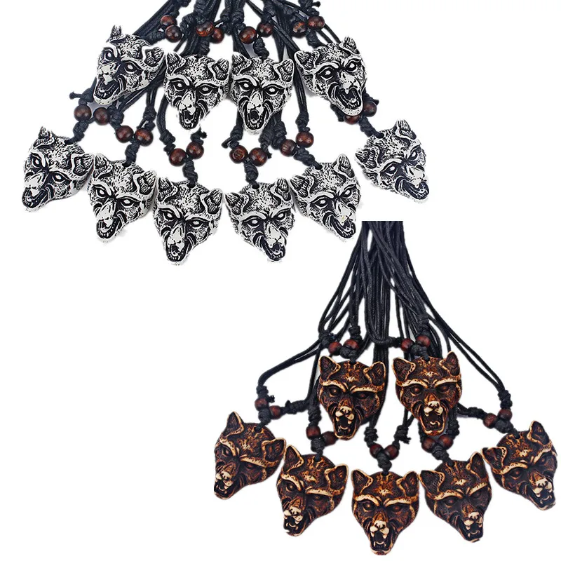 

12Pcs Resin Faux Yak Bone Large Wolf Head Pendant Necklace