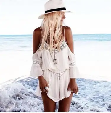 Цветочный принт шифон Playsuit Для женщин летние пикантные с открытыми плечами