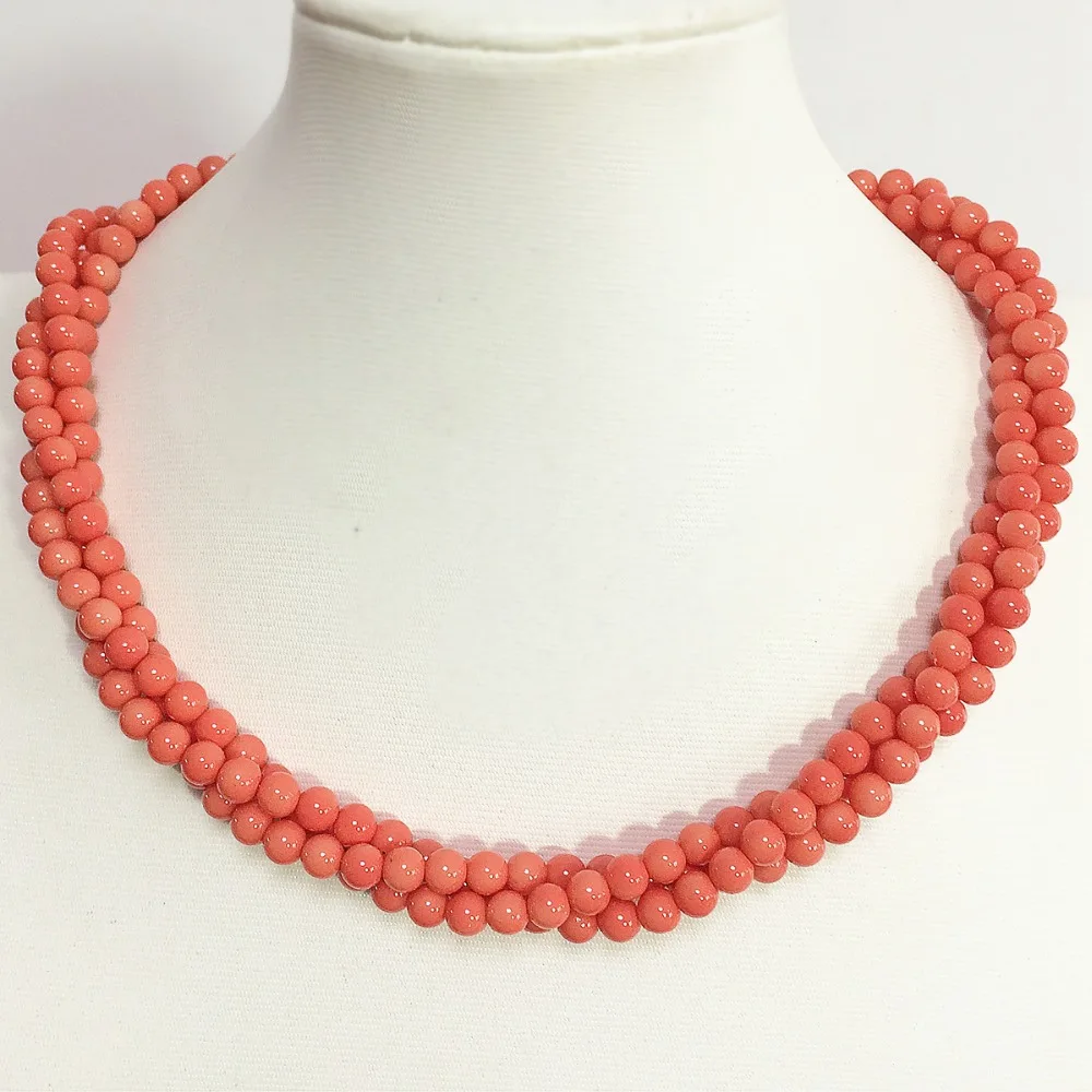 Lovely pink orange artificial coral 6mm round beads 3rows necklace fashion special design women jewelry 18inch B1513 | Украшения и