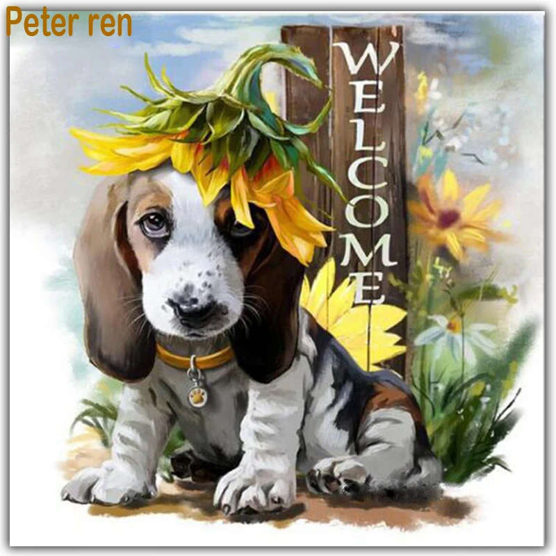 

Peter ren Diamond painting cross stitch Craft animal Full round\square diamond mosaic embroidery home decor"Puppy Sunflower Ha"