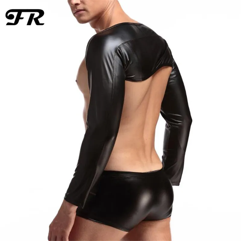 FR Men's Sexy Underwear Faux Leather Tight Full Sleeves Novelty T-Shirt | Мужская одежда