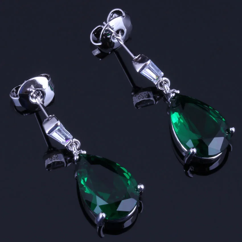 

Stylish Water Drop Green Cubic Zirconia White CZ Silver Plated Drop Dangle Earrings V0741