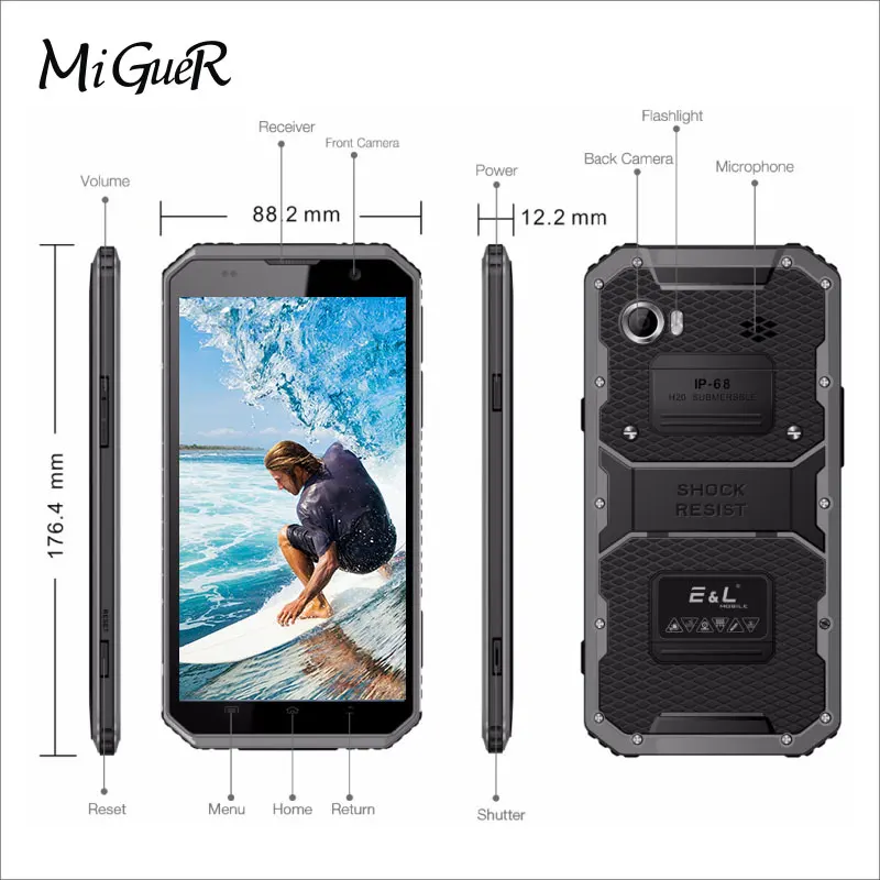 Оригинальный E & L W9 IP68 водонепроницаемый мобильный телефон 6 0 дюймов Android MTK6753