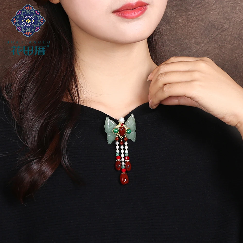 Ethnic Handmade Green Butterfly Tassel Brooch Jad e Pearl Chain Tassel/Dangle XZ-18103 | Украшения и аксессуары