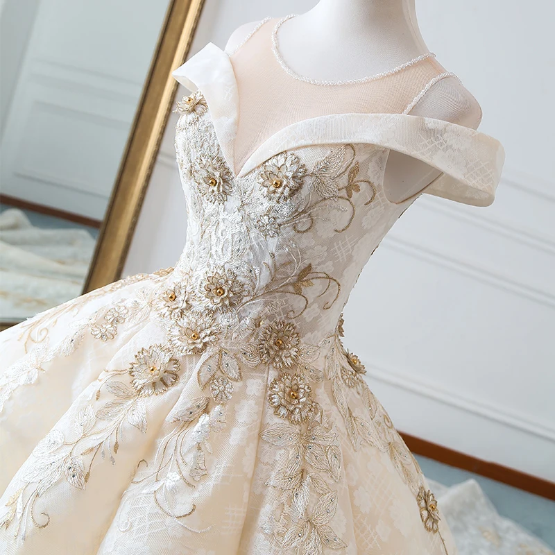 Vestido de noiva свадебное платье с круглым вырезом и аппликацией из бисера, бальное платье на шнуровке, свадебные платья, длинный шлейф, robe de mariee