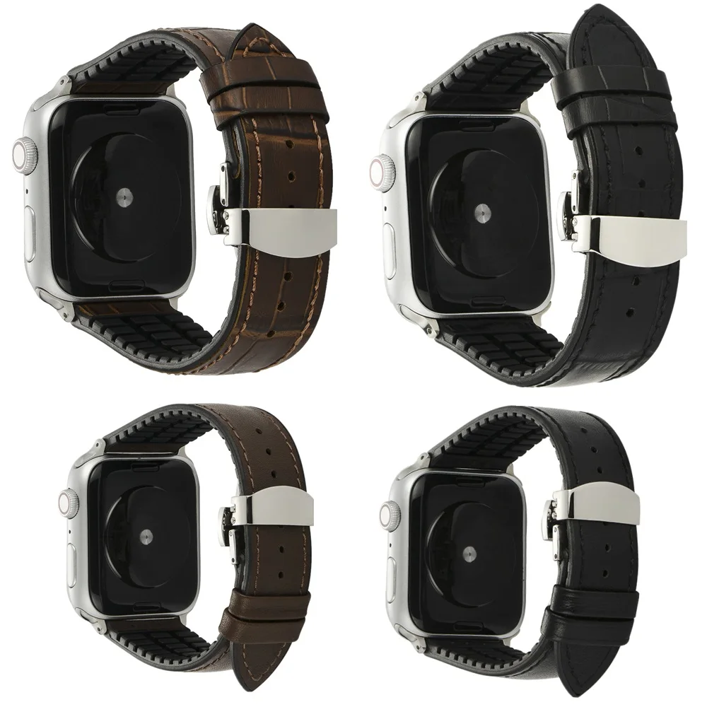 Ремешок для наручных часов Apple Watch 38/42/40/44 мм армированный чехол из силикона+ кожаный ремешок браслет для наручных часов iWatch серии 5 4 3 2 1 наручный ремень аксессуары
