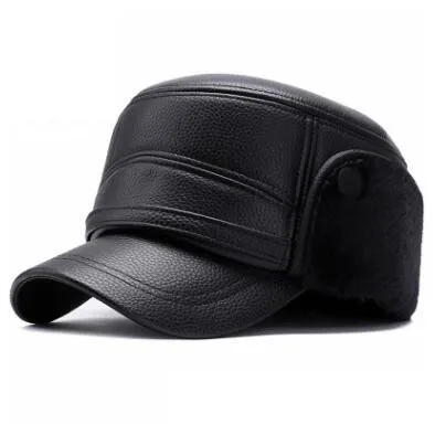 SILOQIN зимне наушники шапка Snapback кепки s Зима Новые мужские теплые военные шапки PU плюс бархат толстые бренды мужской кости плоская кепка для мужчин - Цвет: Black