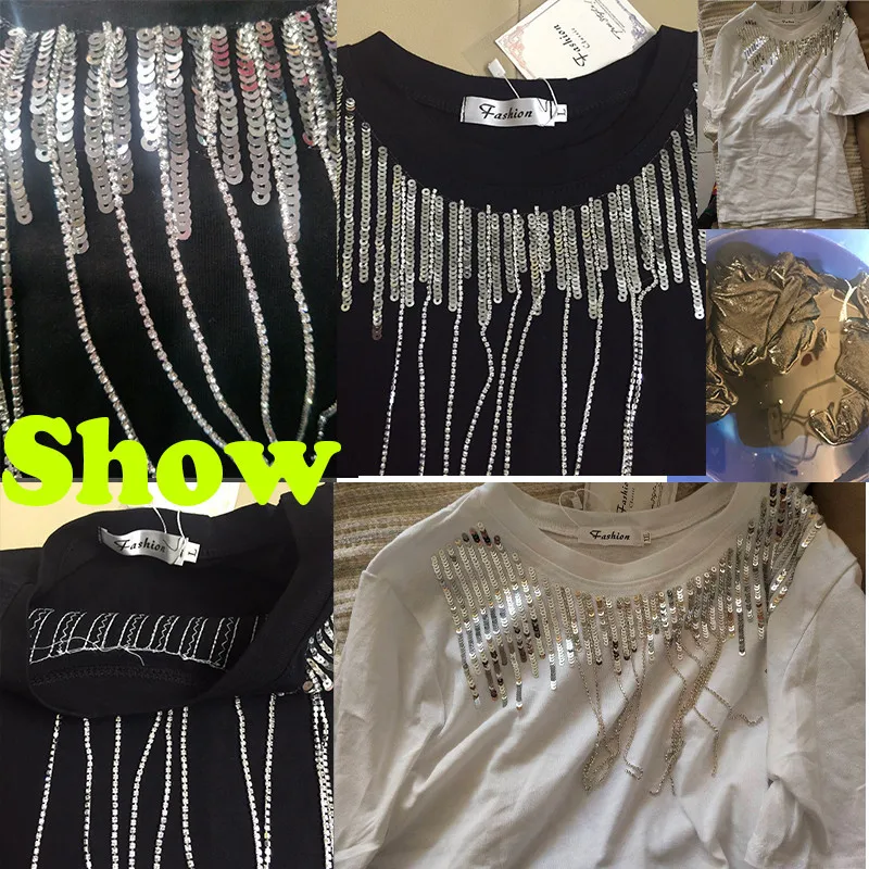 Женские свободные футболки с коротким рукавом корейский шик блестками и