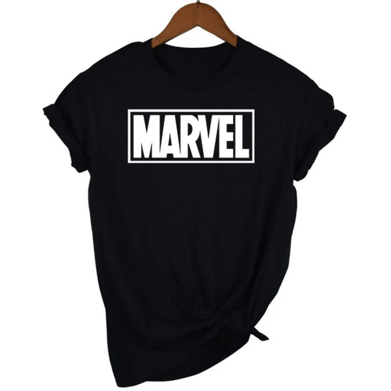 black Летняя футболка с надписью MARVEL, Женская Повседневная футболка с коротким рукавом, женские топы размера плюс, Забавные футболки - Цвет: black