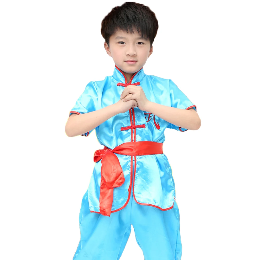 

2018 New Kids Short Sleeve Stand-collar Chinese Kung Fu Uniforms Festival Performance Wear Suits for Children Martial Arts Sets