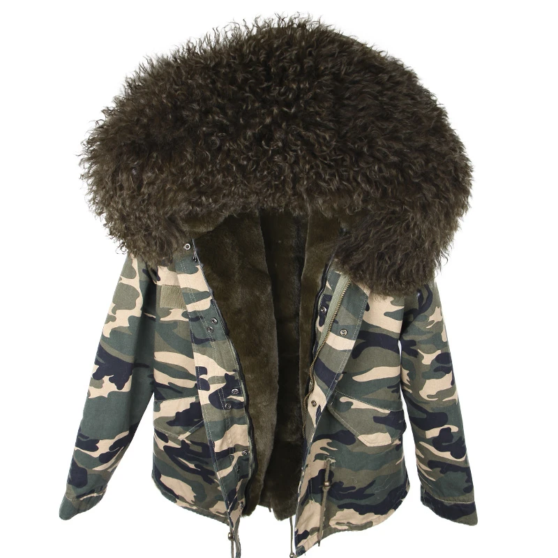 camo green Зимняя женская куртка, парка, пальто из натурального меха, парки из натурального меха монгольской овцы, Толстая теплая Роскошная съемная верхняя одежда, уличная одежда - Цвет: camo green