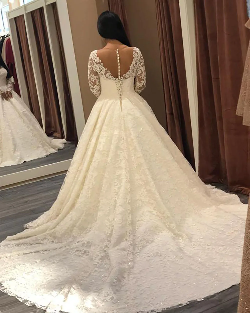 

Ball Gown Wedding Dress Long Sleeves Robe De Mariee Satin Embroidery Vestido De Noiva Bride Lace Dress Wedding Gowns with Train