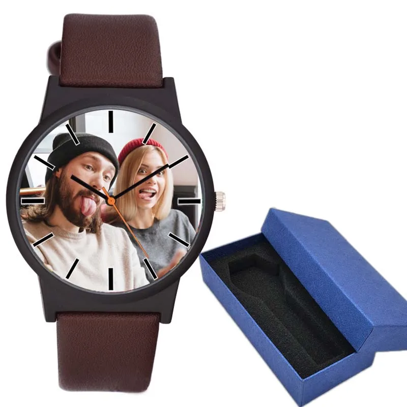 brown with box A3307 часы для влюбленных DIY с вашим собственным изображением индивидуальные часы с циферблатом кожаные спортивные повседневные модные подходят для мужчин и женщин креативные часы - Цвет: brown with box