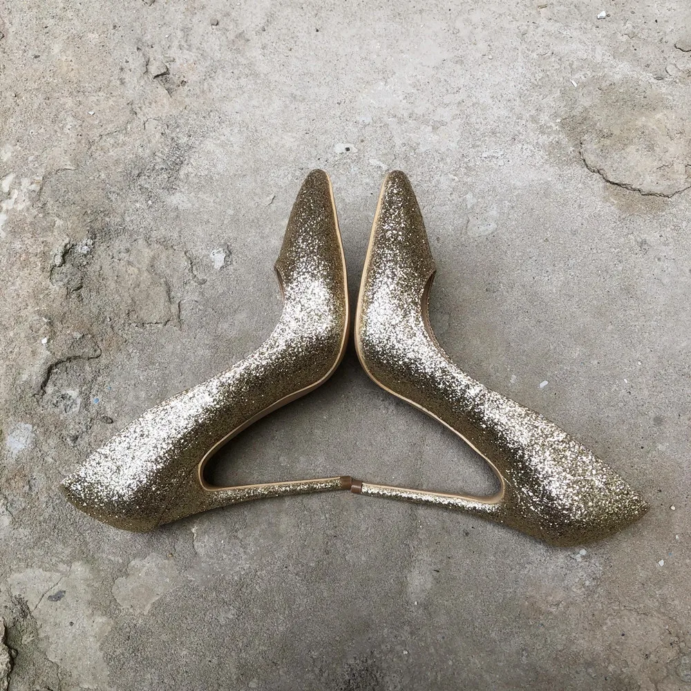 Veowalk Women Shinny Gold Pointed Toe High Heel Shoes Sexy Sparkly Laidies Slip on Stiletto Party Wedding Bridal Pumps 12 10 8cm