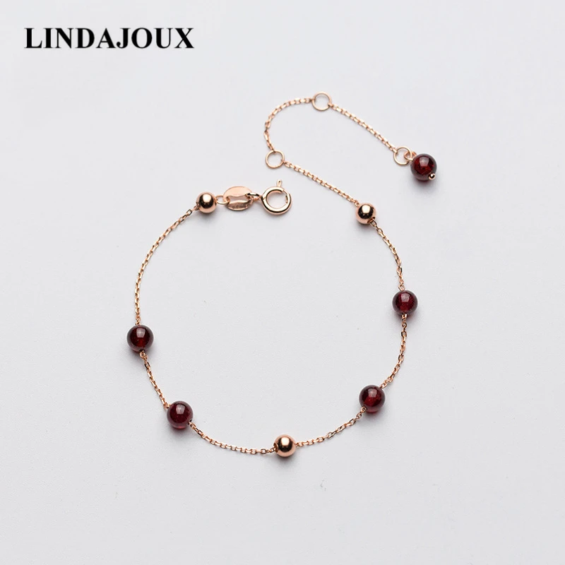 LINDAJOUX 925 пробы серебряный красный натуральный бисер браслет для женщин S925 серебро Регулируемая длина