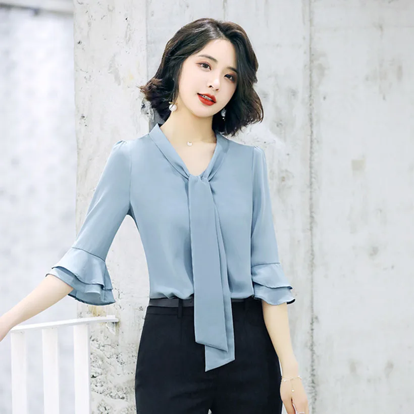 

Spring Summer Blouse Women half Sleeve Shirts Fashion Leisure Chiffon Shirt Bow Office Ladies plus size lantern Sleeve Tops