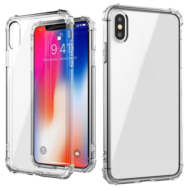 Противоударный бампер чехол для телефона iPhone X XS XR Max из прозрачного силикона
