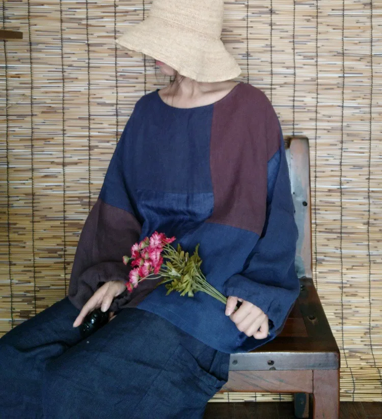 SCUWLINEN/ винтажные весенне-осенние женские топы с круглым вырезом в стиле пэчворк, длинный рукав «летучая мышь», плюс размер, свободная льняная футболка P018