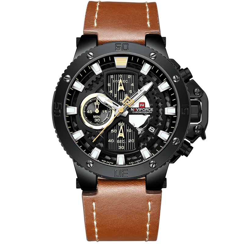 Мужские часы от роскошного бренда, мужские спортивные часы NAVIFORCE, мужские кварцевые часы с хронографом, Водонепроницаемые кожаные военные наручные часы