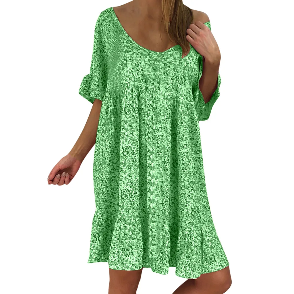 Женское мини платье с оборками свободное летнее коротким рукавом и принтом лето