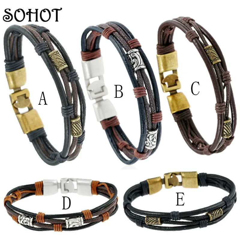 SOHOT 2017 модные Многослойные широкие кожаные браслеты ручной работы из цинкового
