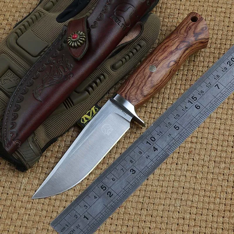 

BOLTE VEYRON Real 12C27 blade fixed blade straight hunting knife leather Sheath wood handle camping outdoor EDC knives tools