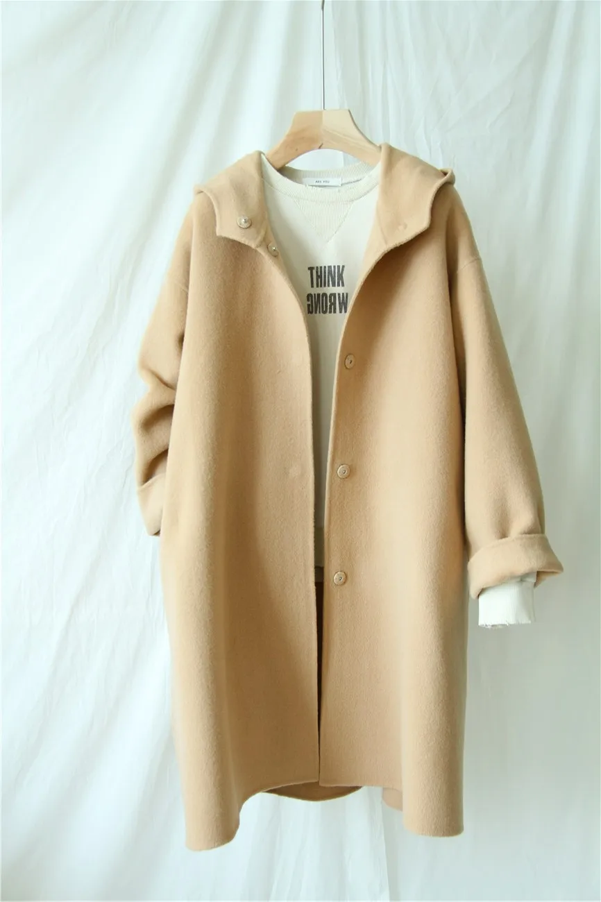 

Guesod Women Wool Coat 2017 Winter Medium-Long Single-Breasted Double-Sided Handmade Bat Sleeved Coat Women Woolen Outerwear