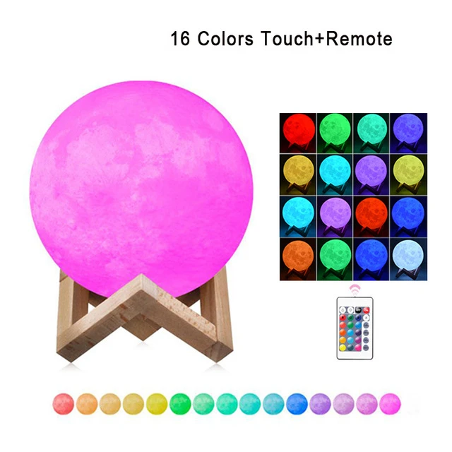 16 colors 15 см RGB лунный светильник, Современный 3D принт, затемненный, 16 цветов, сенсорный, USB, перезаряжаемый, светодиодный, Ночной светильник, дистанционный, для дома, креативный подарок - Испускаемый цвет: 16 colors