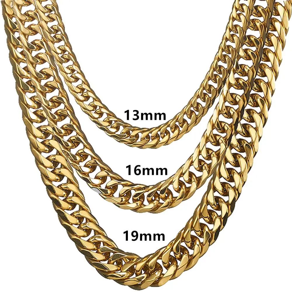 

Gold Color Necklace Or Bracelet For Biker Men Stainless Steel Jewelry 13mm 16mm 19mm Double Curb Cuban Link Chian 7-40 Inches