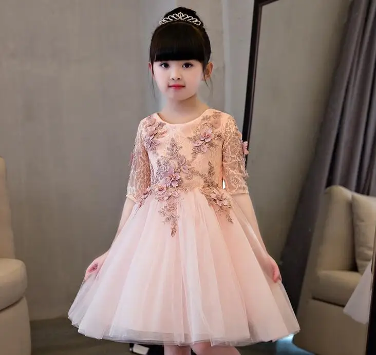 Elegant Flower Girl Dress For Weddings Appliques Tulle Evening Party Dresses Half Sleeve Baby Christening Prom Gown | Детская одежда и