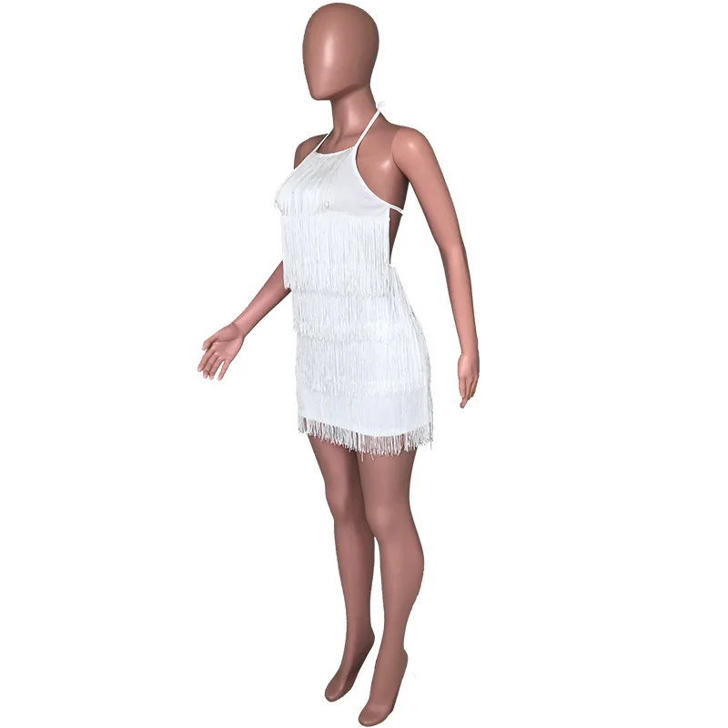 Женское пляжное платье с кисточками и ремешками на шее сексуальное облегающее