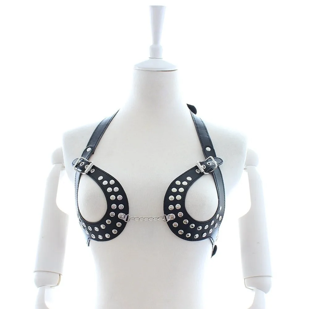 Style B Leather Bra Женское нижнее белье с кожаной цепочкой, бюстгальтер с открытой грудью, женская сексуальная клубная одежда, БДСМ связывание, ремни - Цвет: Style B Leather Bra