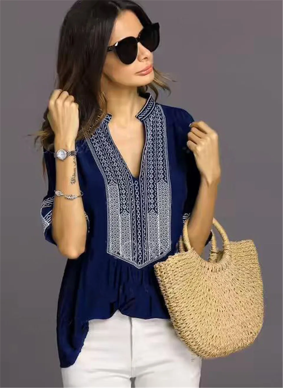 CORUJA, модная женская одежда, v-образный вырез, этнический стиль, Boho, вышитая рубашка, короткий рукав, топы, повседневные блузки, S-XXXL