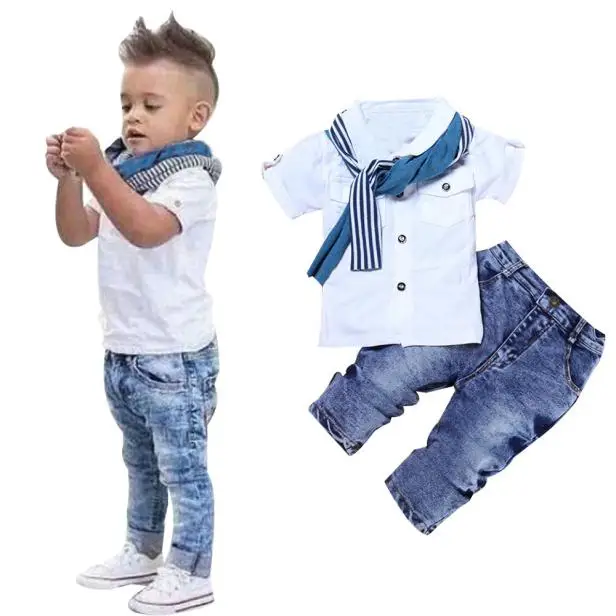 3PCS Clothing Sets Baby Boys Clothes Short Sleeve T-Shirt Tops + Scarf Trousers Conjunto Menino Kid Dropshipping | Детская одежда и