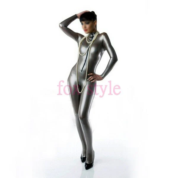 Front Half Zip Princess Latex Catsuit in silver