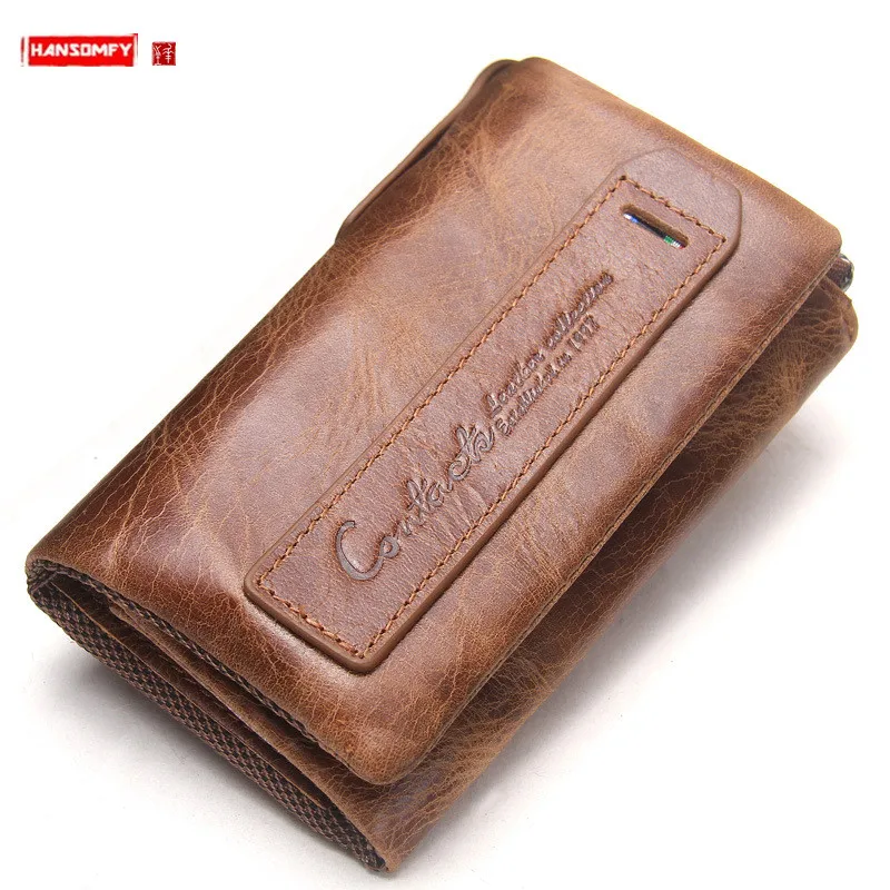 

New Men's Wallet Genuine Leather Fashion Key Bag Multi-function Three Fold Coin Purses Male Short Wallets Cow Leather Men Zipper