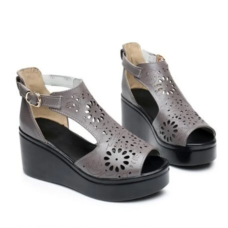 ZXRYXGS Brand Sandals Hollow Cow Leather Sandals Women Shoes Sandals Wedges high heels Summer Shoes Woman Fashion Sandals