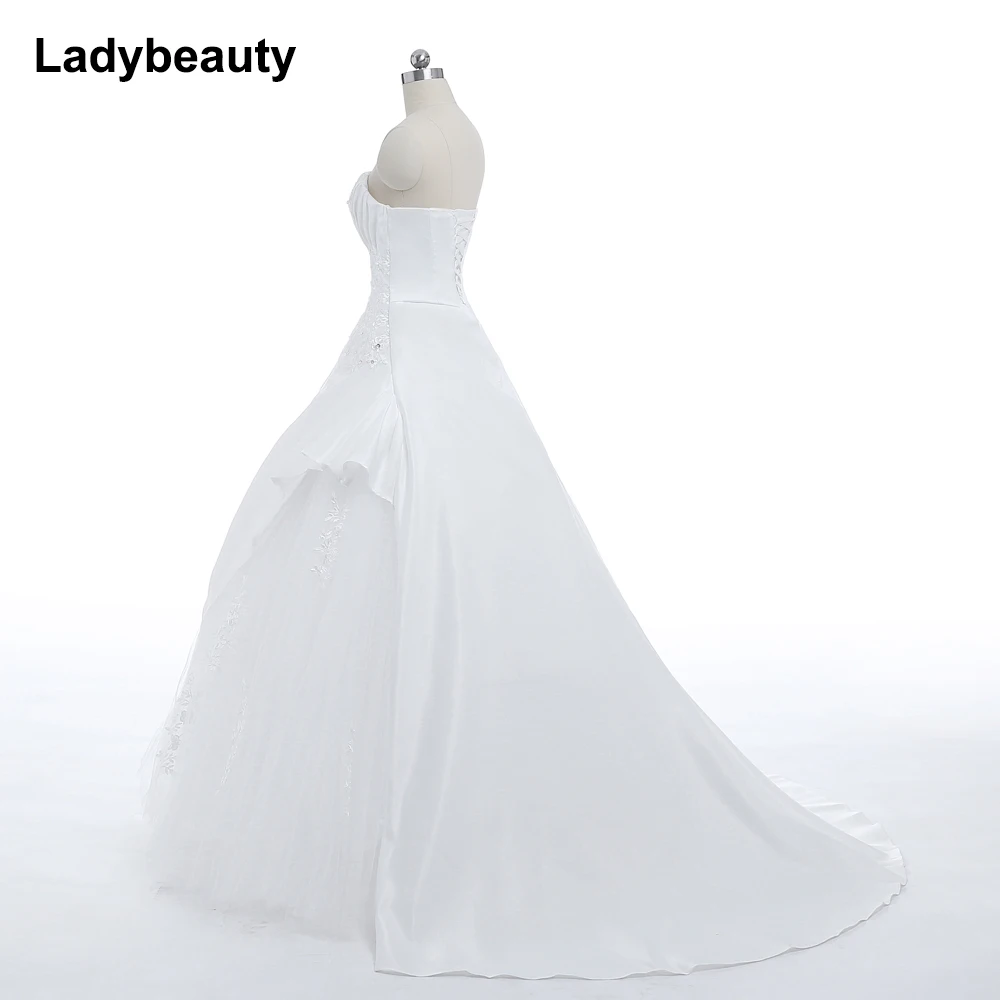 Женское атласное свадебное платье Ladybeauty белое с вышивкой и открытыми плечами