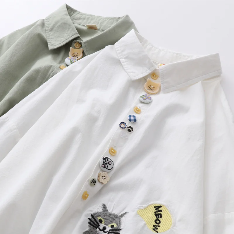 

Colorful buttons delicate handmade buttons peter pan collar long sleeve cotton shirt cat kitty embroidery shirt mori girl