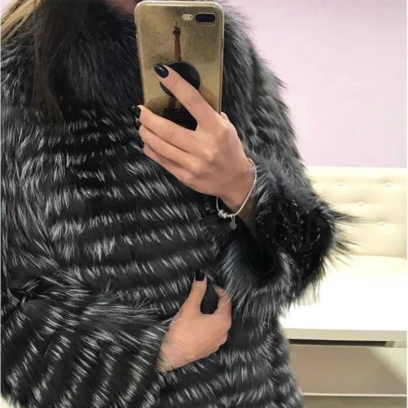 FURSARCAR зимняя женская шуба из натурального Лисьего меха Роскошная натуральная Шуба из меха серебристой лисы с меховым воротником и манжетами модный длинный натуральный мех