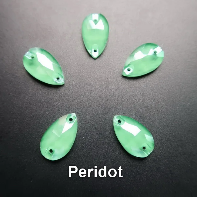 A9 Peridot Прозрачные карамельные тонкие Стразы в форме капель из прозрачного стекла с плоской задней частью и двумя отверстиями, 5 размеров, пришивные стразы, обувь под платье, сумка, сделай сам, украшение - Цвет: A9 Peridot