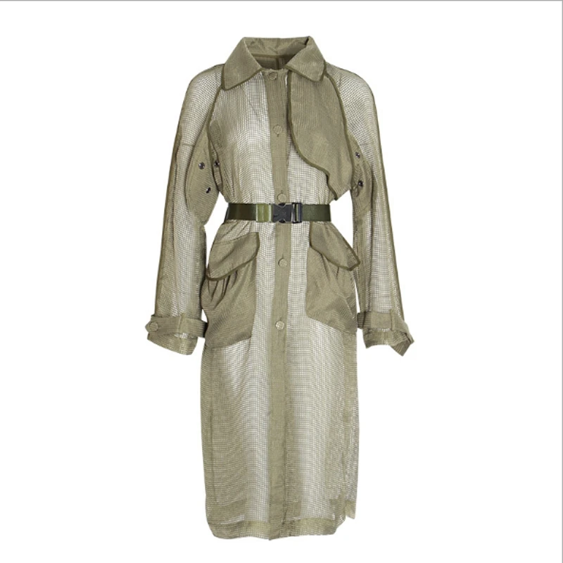 Spring Autumn Army Green Military Safari Style Solid Women's Wind-breaker Lapel Full Single Breasted Sashes Women's Coat