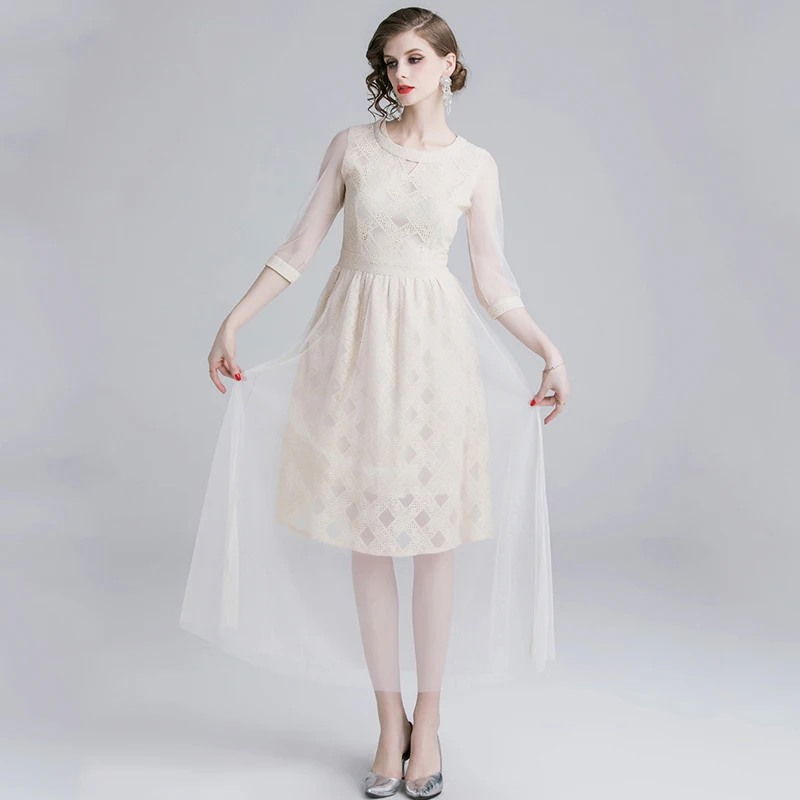 Trytree летнее осеннее платье с вырезом круглым в сетку геометрическим рисунком