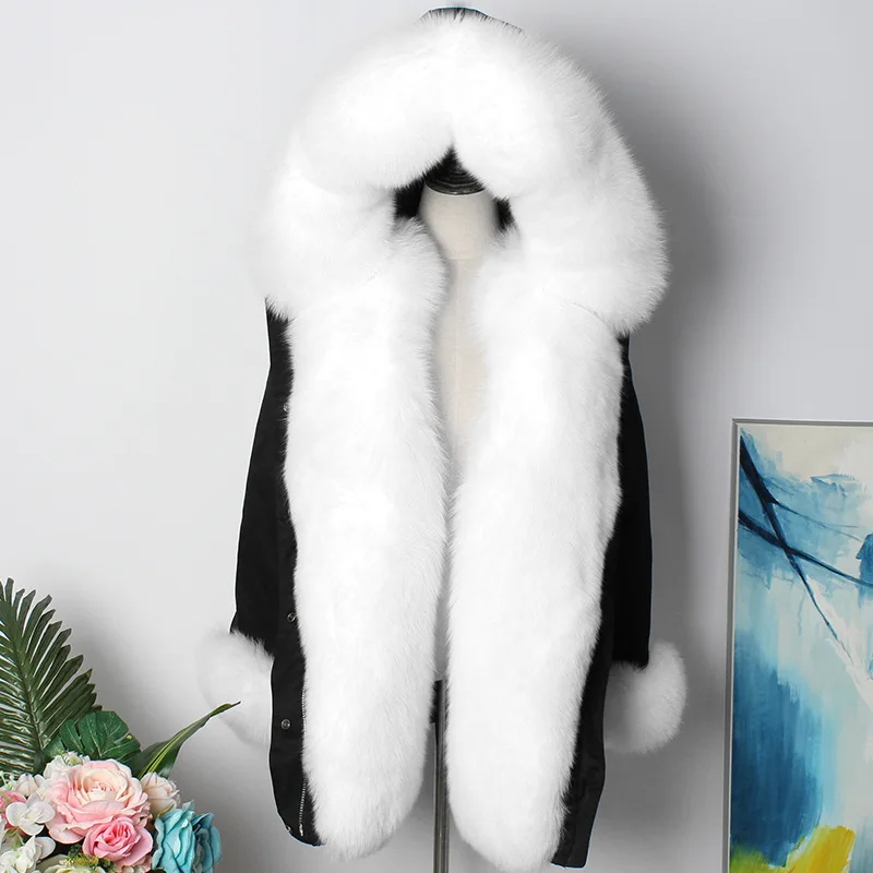 black white OFTBUY, Длинные парки, зимняя куртка, Женская парка с натуральным мехом, с подкладкой из натурального Лисьего меха, пуховое пальто, Двусторонняя одежда, уличная одежда, новинка - Цвет: black white