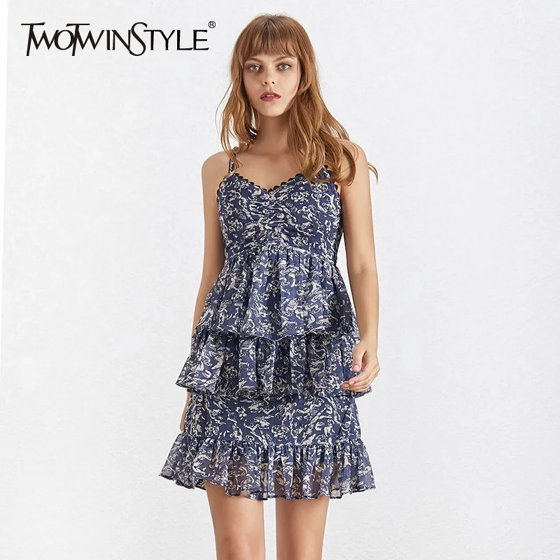 TWOTWINSTYLE 2020 Vintage Print Strap Women Dress V Neck Off Shoulder Backless High Waist Ruffle Mini Dresses Female Fashion New | Женская