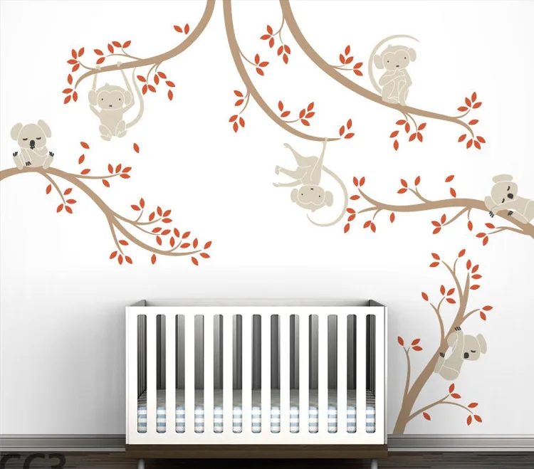 Spring Koala and Monkey Tree Branches DIY Wall Decals Vinyl Stickers Nursery Baby Art Decor For Kids Rooms Murals A213 | Дом и сад