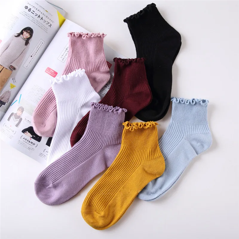 

High Quality Pure Color Cotton Lace Ruffles Women Sock Frilly Edge Princess Girls Socks Summer Autumn Socks